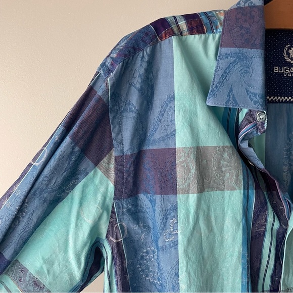 Bugatchi Designer Plaid Dress Shirt Flip Cuff Long Sleeve Button Down Mens - Picture 6 of 7